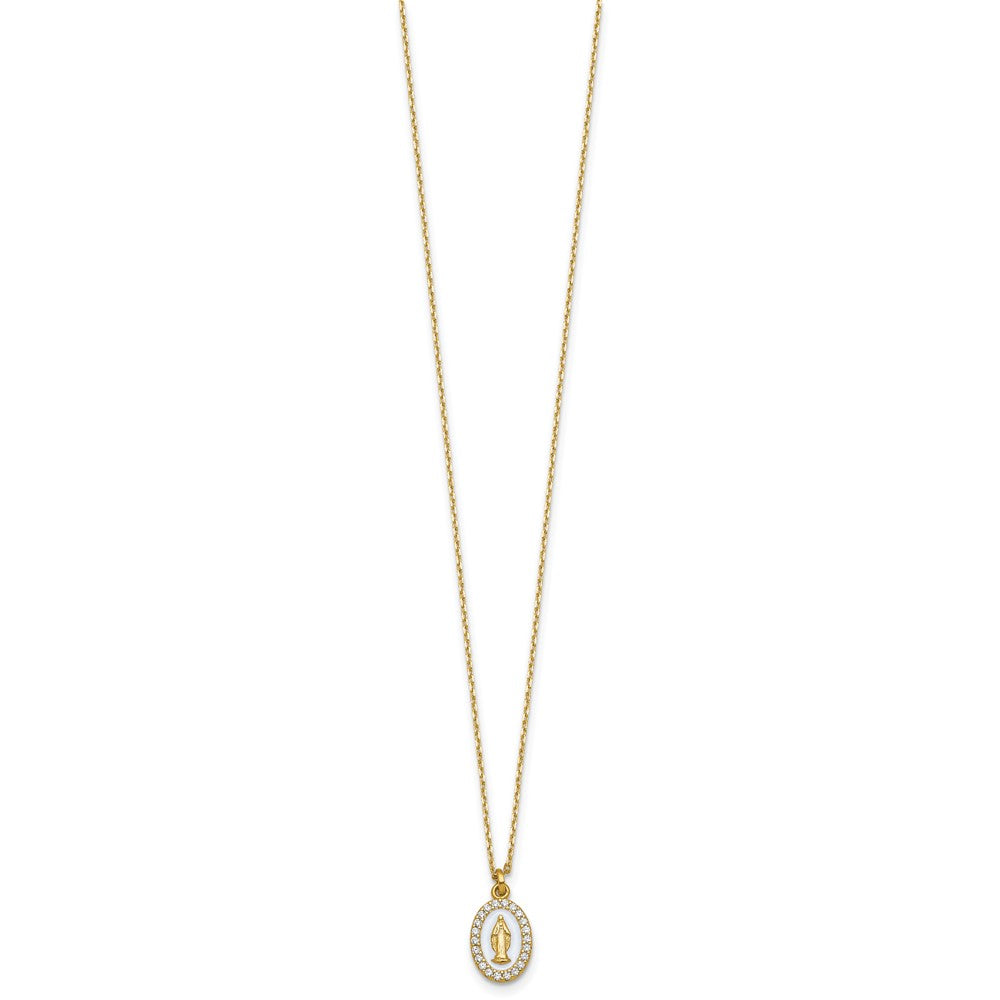 Sterling Silver Gold-plated CZ and White Enamel Miraculous Medal 15.75 inch with 2 inch extender Necklace