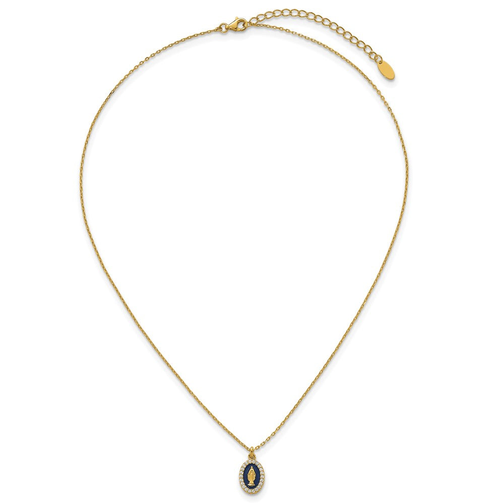 Sterling Silver Gold-plated CZ and Blue Enamel Miraculous Medal 15.75 inch with 2 inch extender Necklace