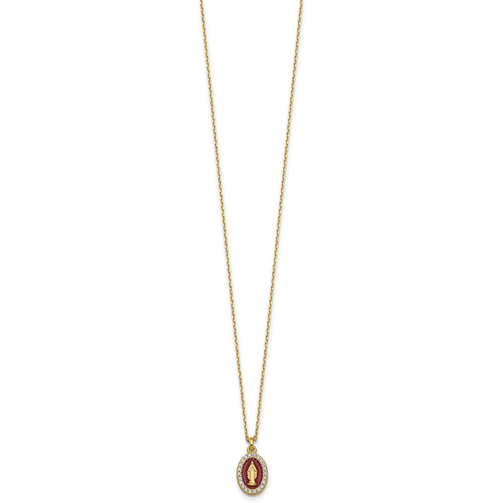 Sterling Silver Gold-plated CZ and Red Enamel Miraculous Medal 15.75 inch with 2 inch extender Necklace