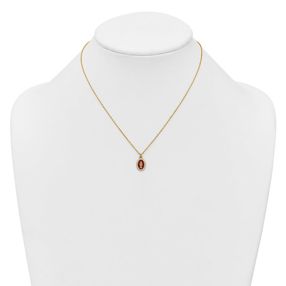 Sterling Silver Gold-plated CZ and Red Enamel Miraculous Medal 15.75 inch with 2 inch extender Necklace