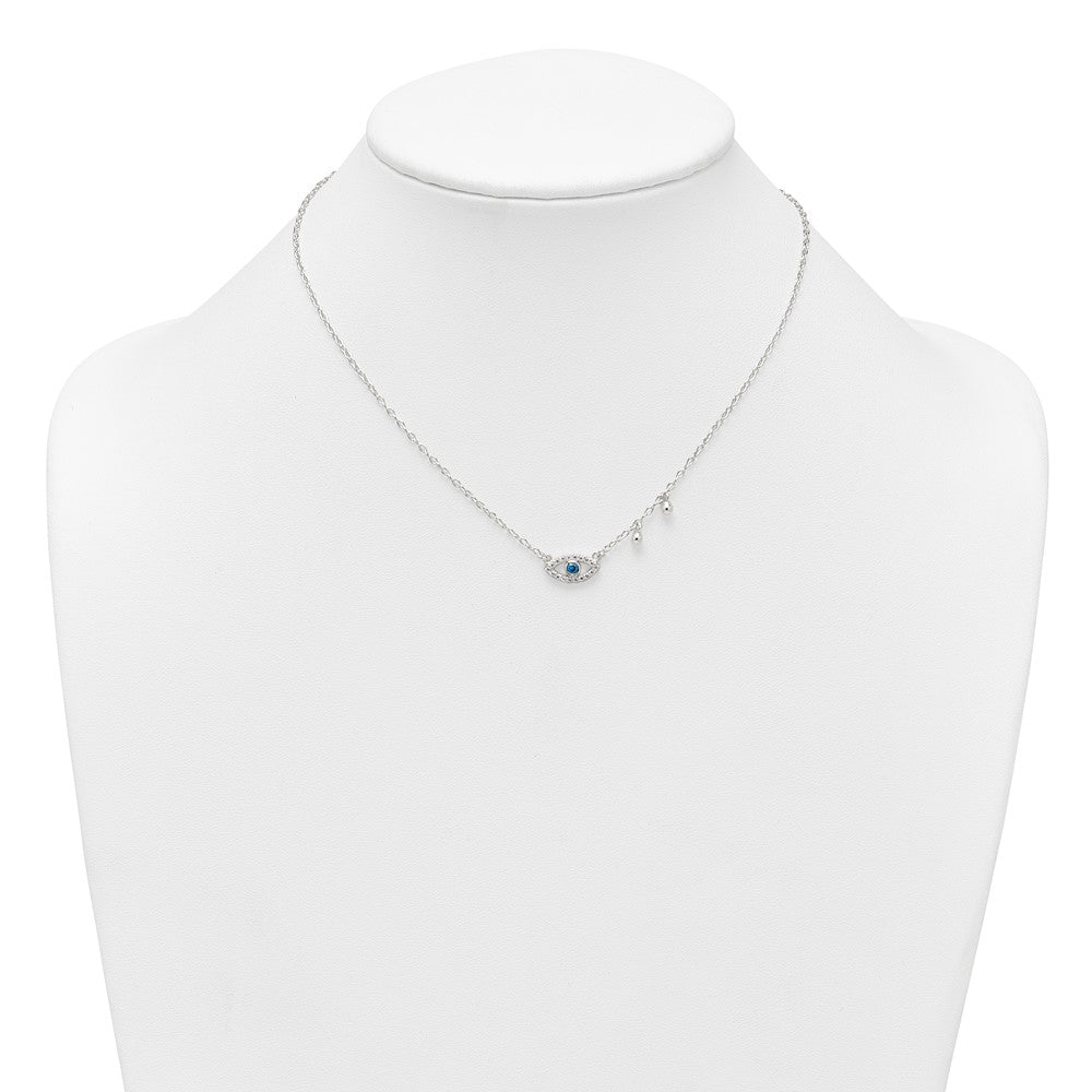 Sterling Silver Polished Blue and White CZ Eye with Beads 16 inch with 2 inch Extension Necklace