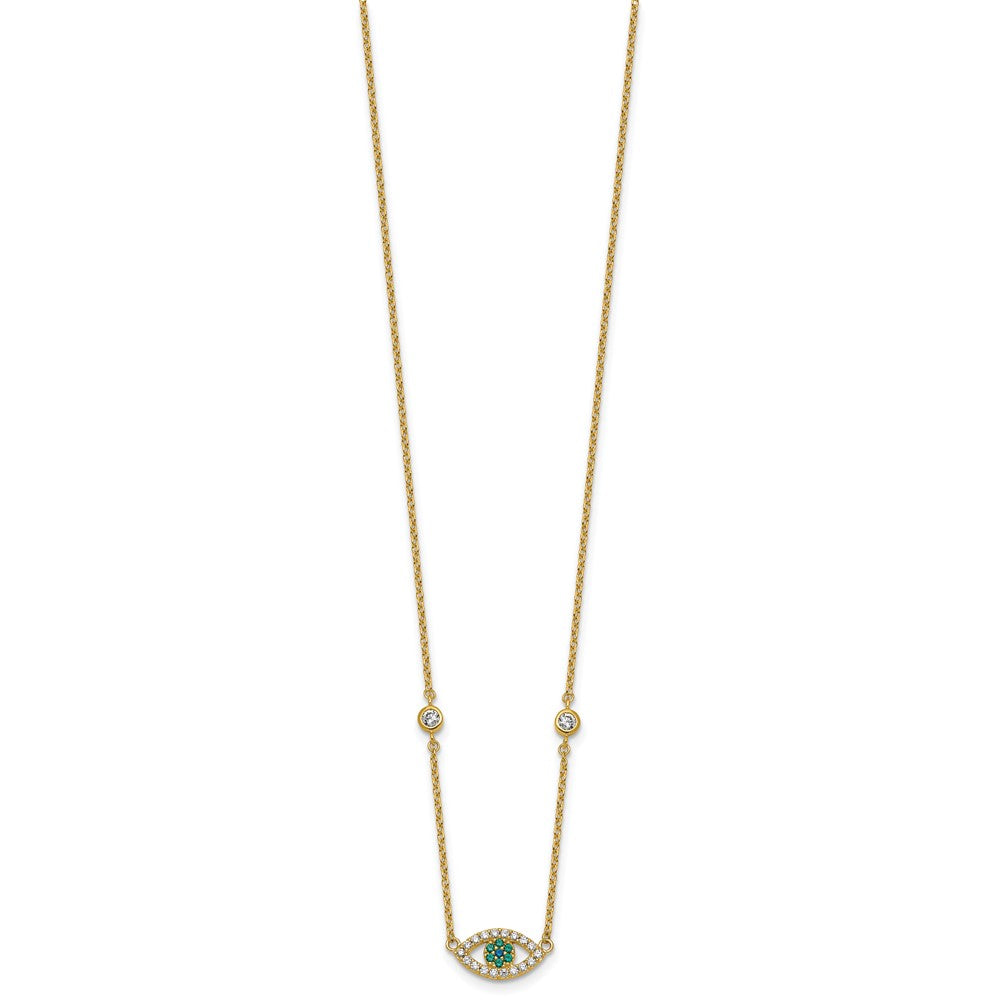 Sterling Silver Gold-tone Polished CZ and Blue and Green Nano Crystal Eye 16 inch with 2 inch Extension Necklace