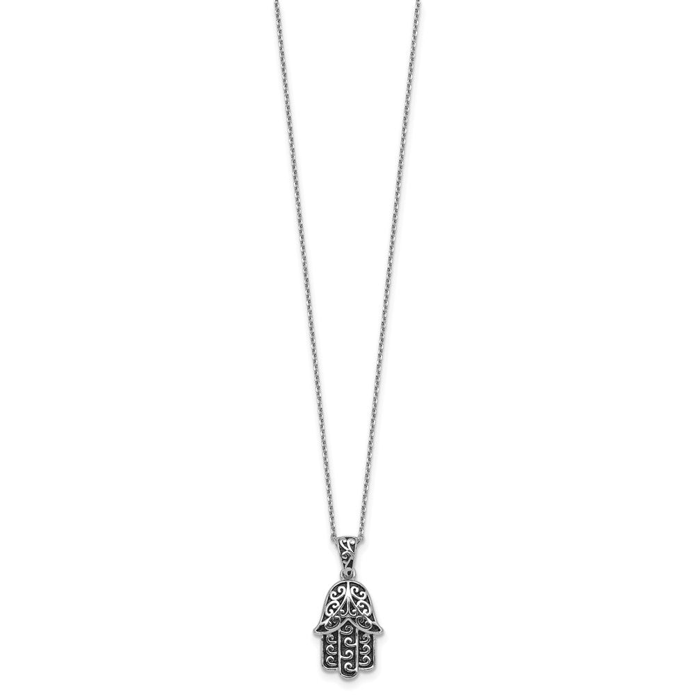 Sterling Silver Rhodium-plated Polished and Oxidized Filigree Hamsa 18 Inch Necklace