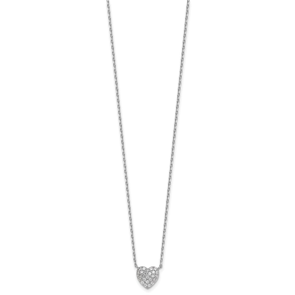 Sterling Silver Rhodium-plated Polished Pave CZ Heart 16 Inch with 2 Inch Extension Necklace