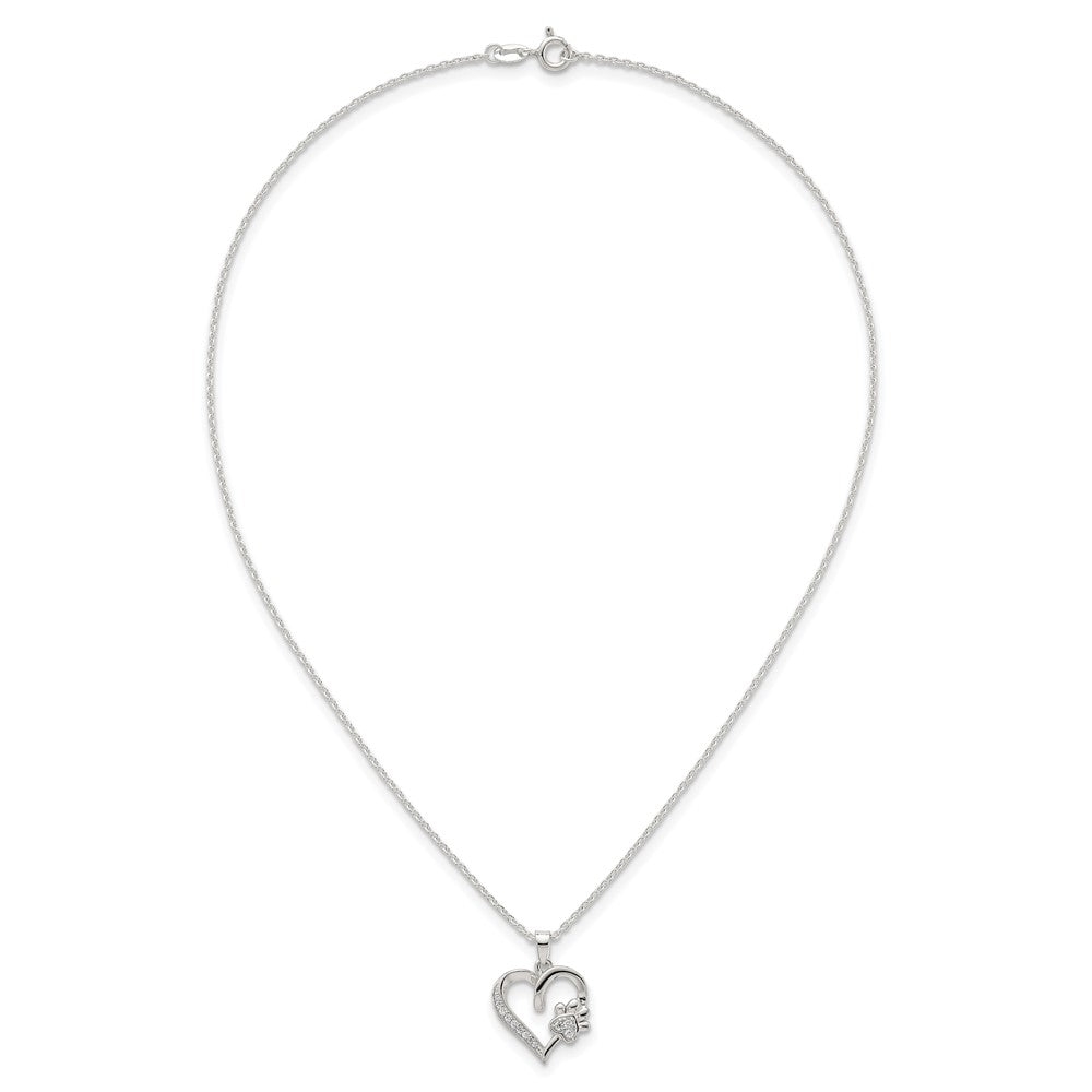 Sterling Silver Polished White CZ Heart and Paw Print 16 inch Necklace