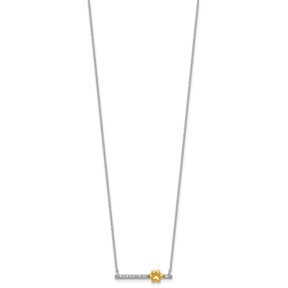 Sterling Silver Rhodium-plated and Gold-tone Polished CZ Pawprint Bar 16 Inch with 2 Inch Extension Necklace