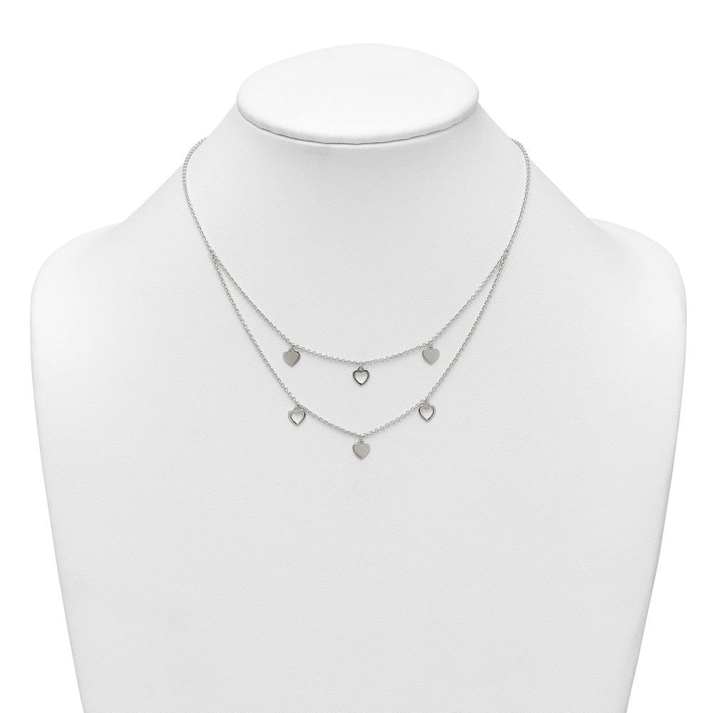 Sterling Silver Polished Double Strand Heart Station 15.75 inch Necklace