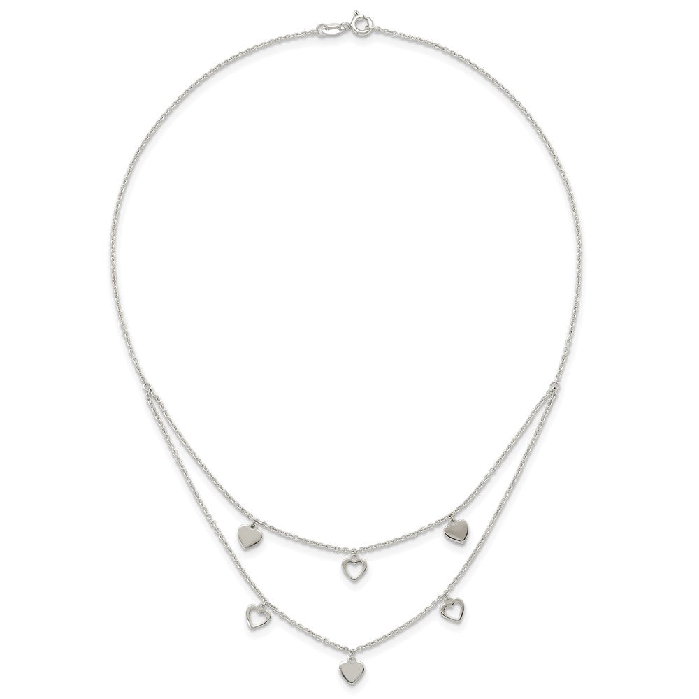Sterling Silver Polished Double Strand Heart Station 15.75 inch Necklace