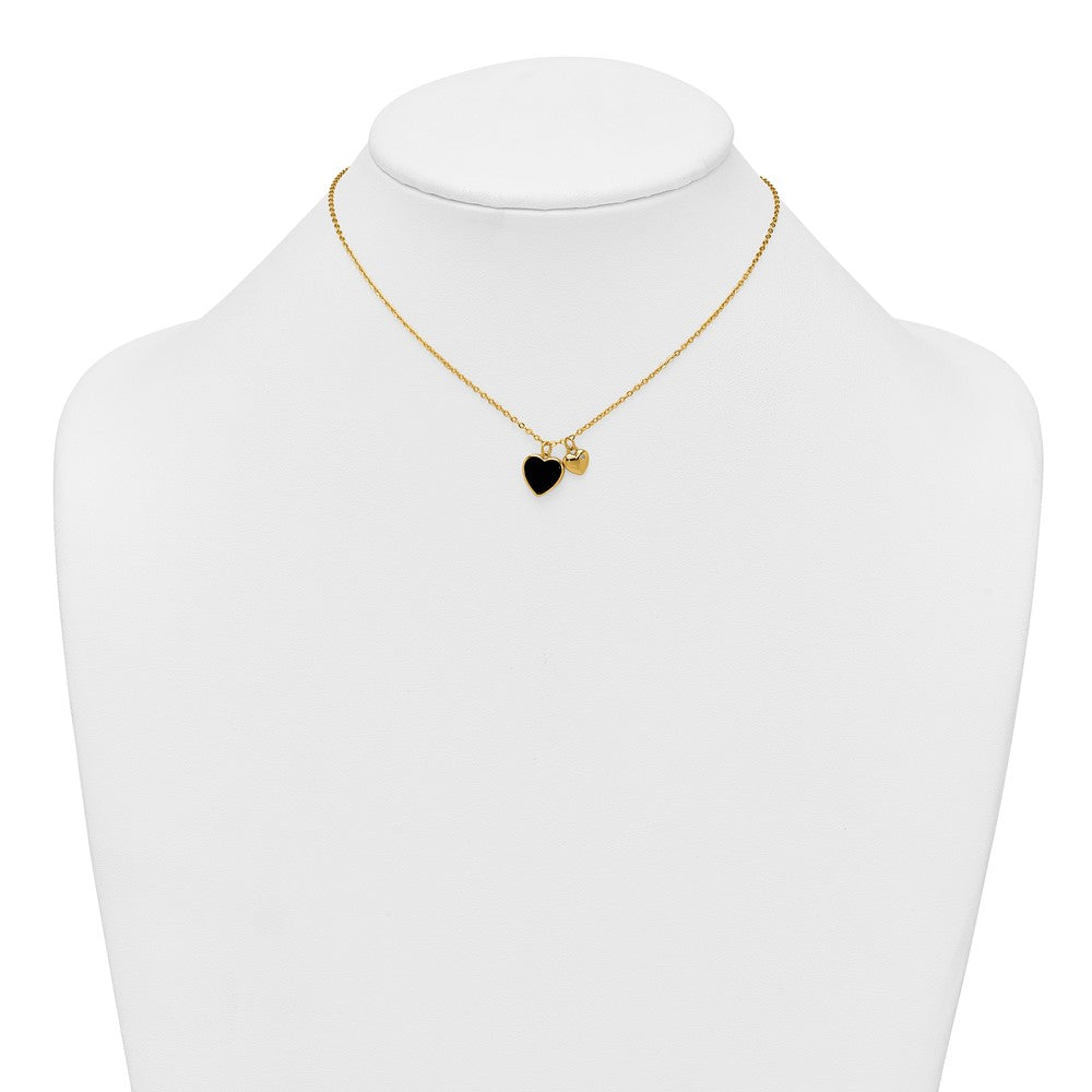 Sterling Silver Gold-tone Polished Onyx and CZ Hearts 14 Inch with 3 Inch Extension Children's Necklace