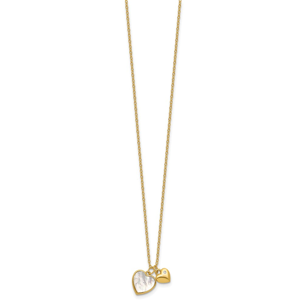 Sterling Silver Gold-tone Polished Mother of Pearl and CZ Hearts 14 Inch with 3 Inch Extension Children's Necklace