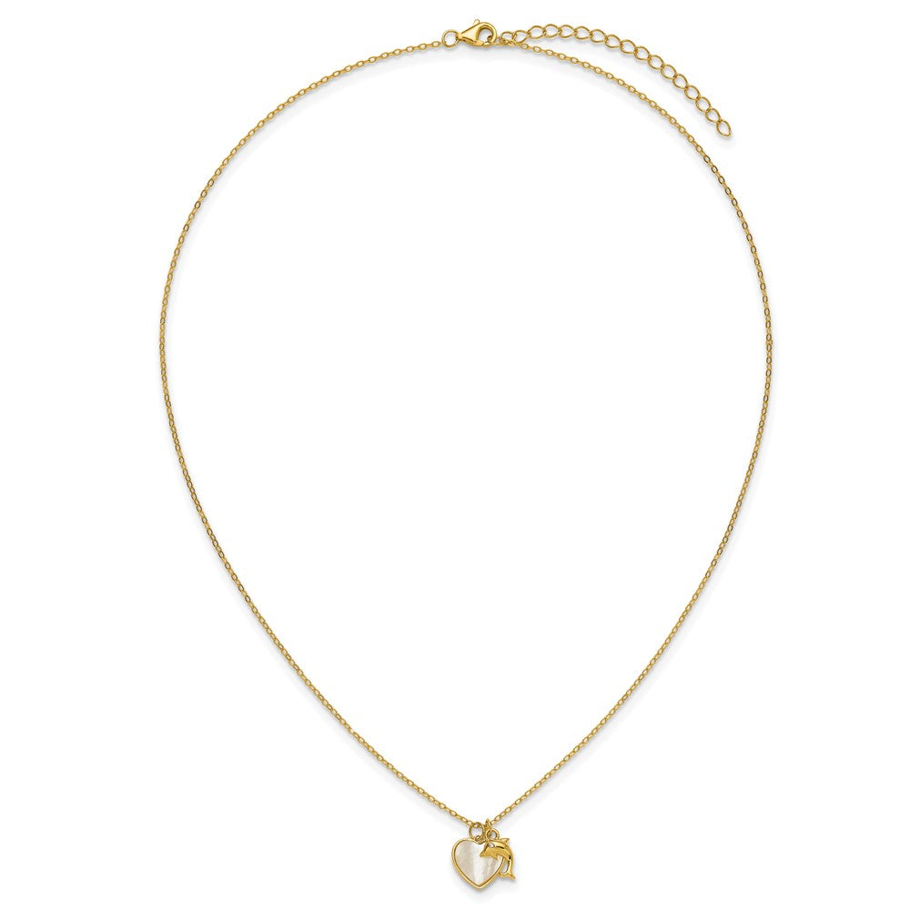Sterling Silver Gold-tone Polished Mother of Pearl and CZ Heart and Dolphin 16 Inch with 2 Inch Extension Necklace
