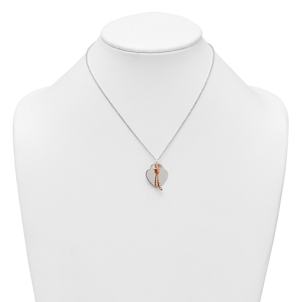 Sterling Silver with Rose-tone Polished White CZ Heart and Shooting Star Dangle 16 inch Necklace
