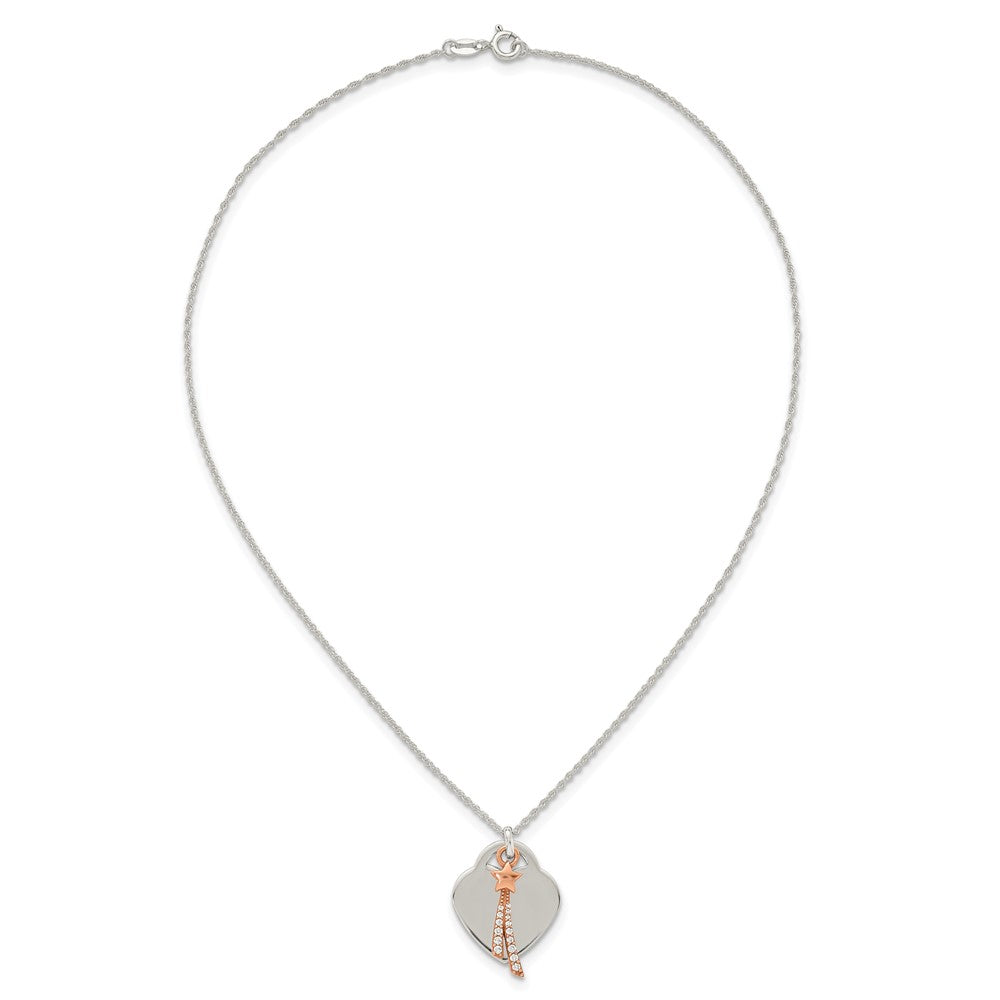 Sterling Silver with Rose-tone Polished White CZ Heart and Shooting Star Dangle 16 inch Necklace