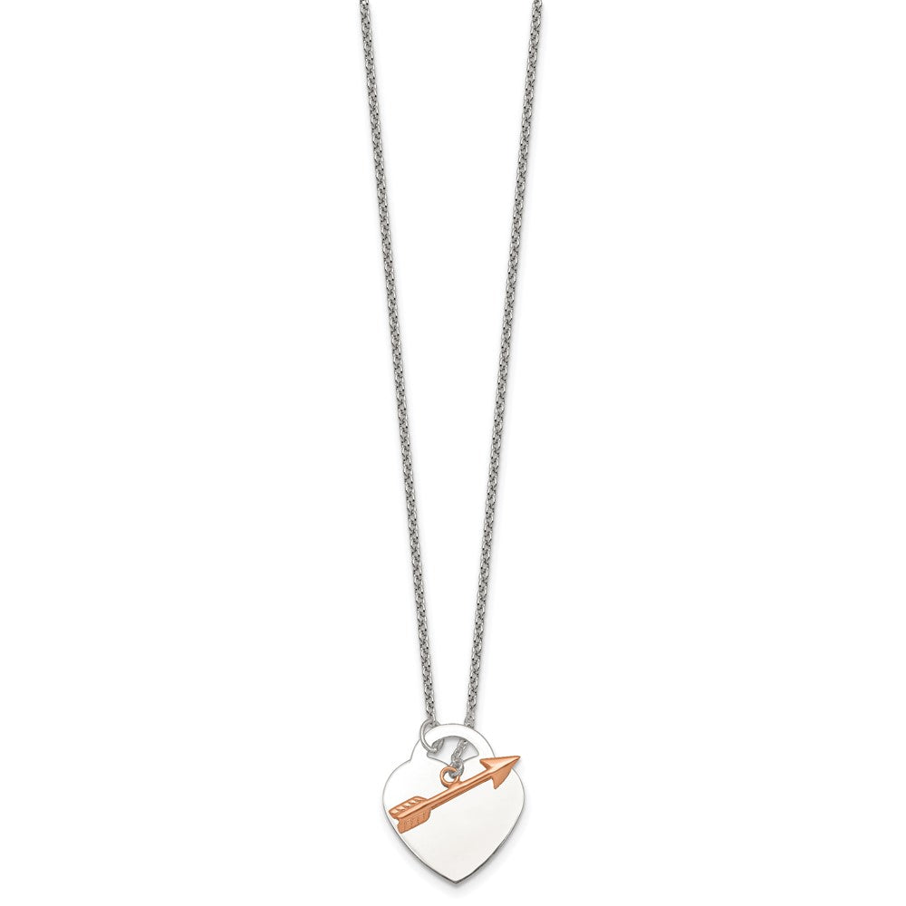 Sterling Silver with Rose-tone Polished Heart and Arrow 18 inch Toggle Necklace