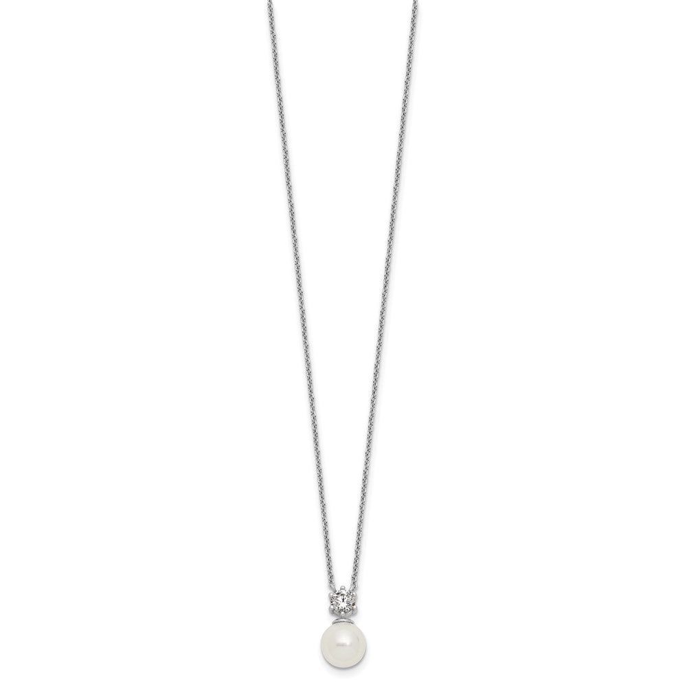 Sterling Silver Rhodium-plated Polished CZ and 7-8mm Shell Pearl 15.5 inch with 2 inch Extender Necklace