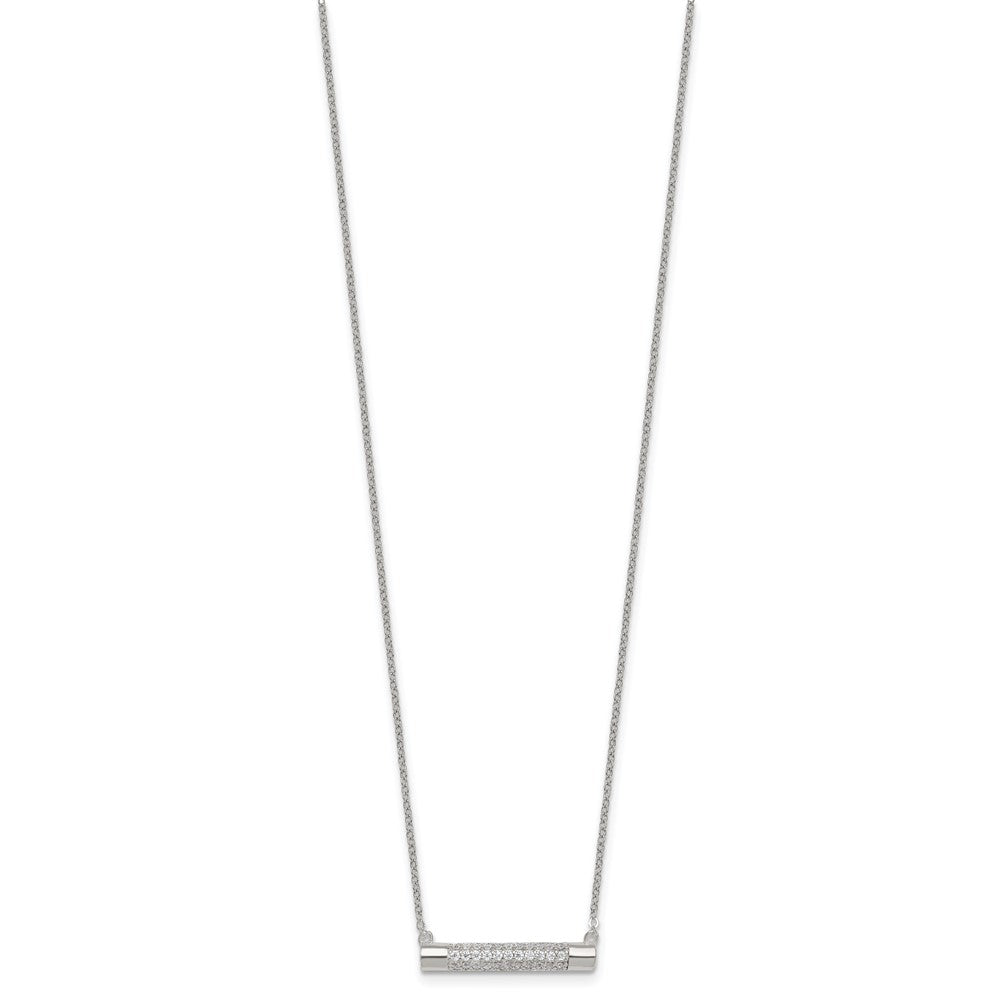 Sterling Silver Polished Pave CZ Rounded Bar 16 Inch with 2 Inch Extension Necklace