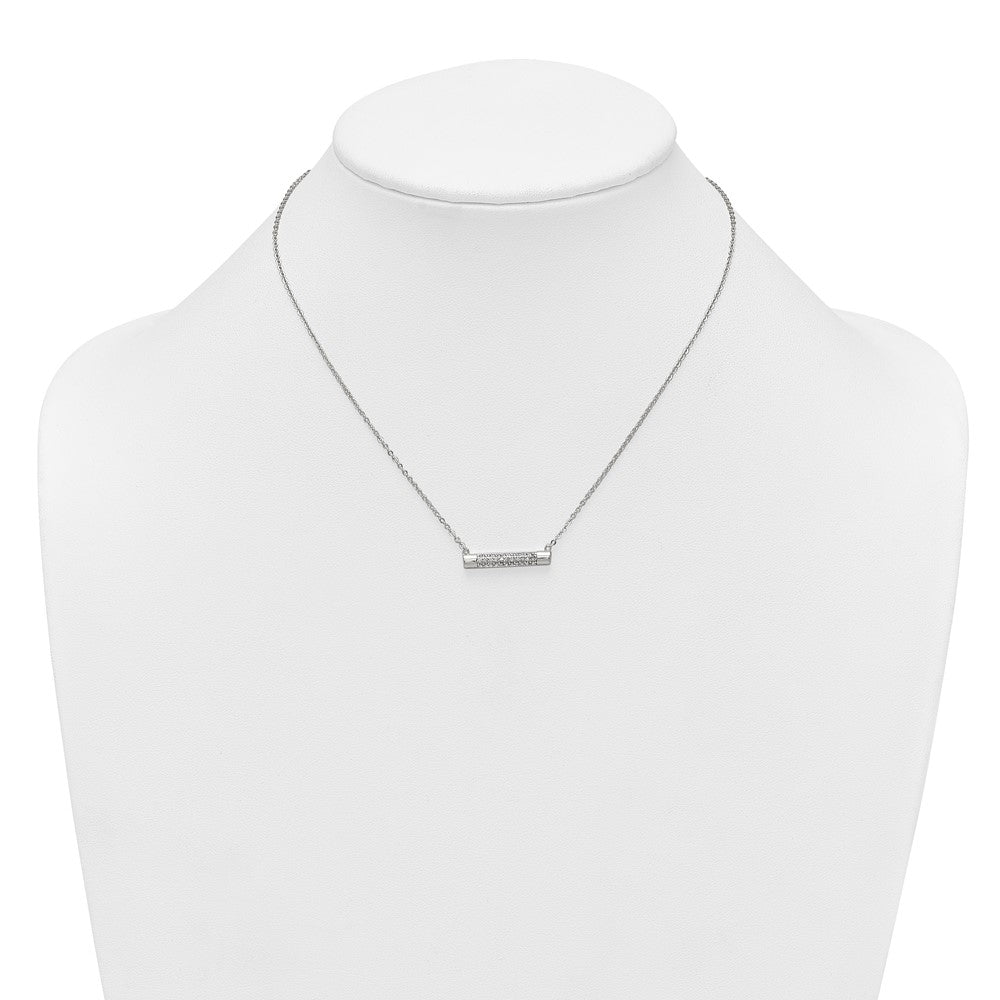 Sterling Silver Polished Pave CZ Rounded Bar 16 Inch with 2 Inch Extension Necklace