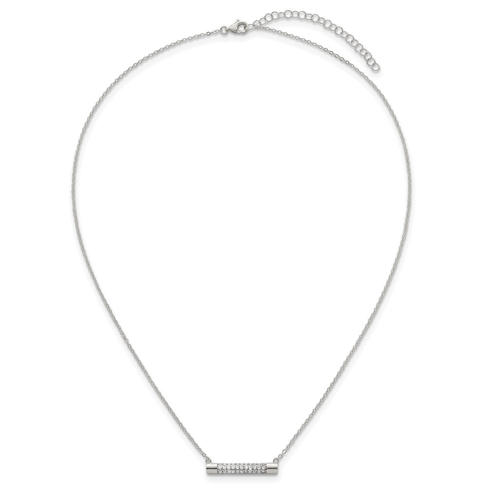 Sterling Silver Polished Pave CZ Rounded Bar 16 Inch with 2 Inch Extension Necklace