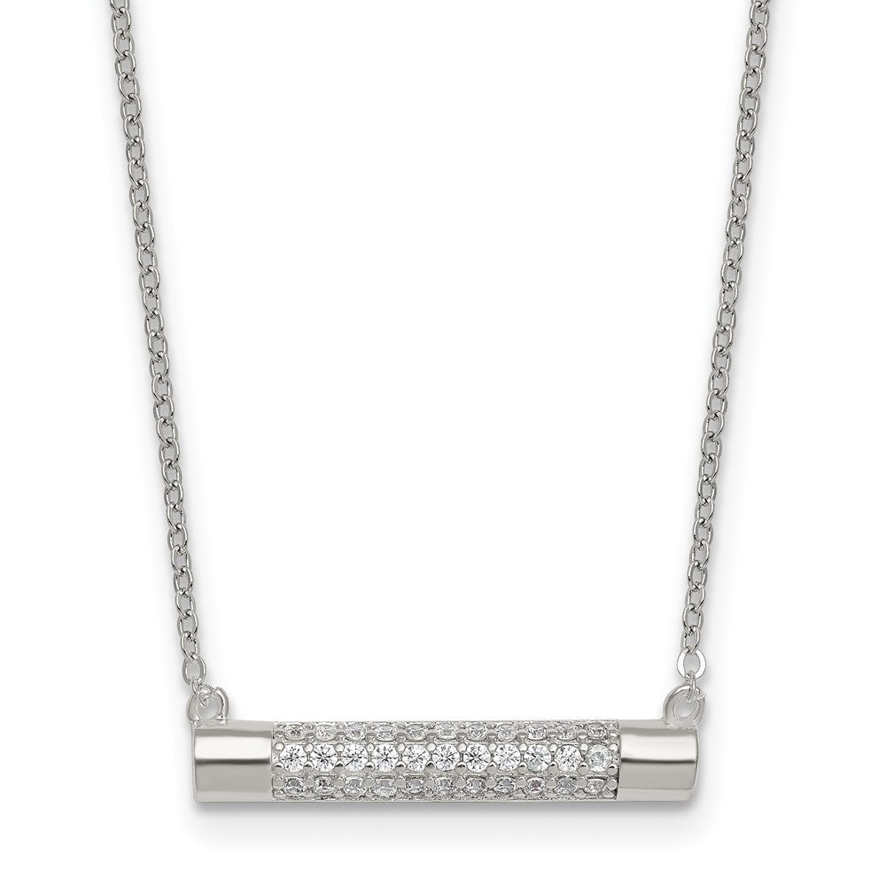 Sterling Silver Polished Pave CZ Rounded Bar 16 Inch with 2 Inch Extension Necklace