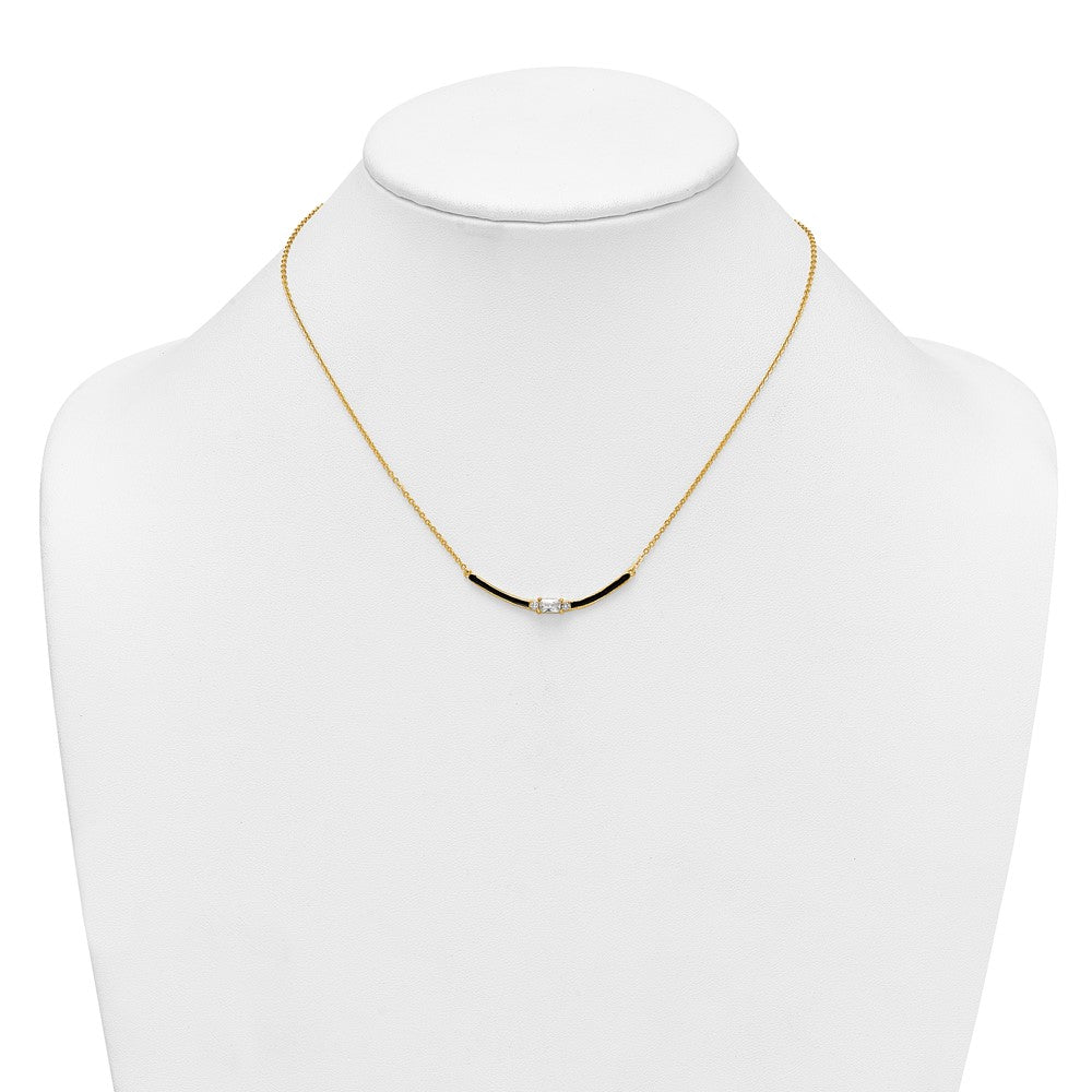 Sterling Silver Gold-tone Polished Black Enameled and CZ Curved Bar 16 Inch with 2 Inch Extension Necklace