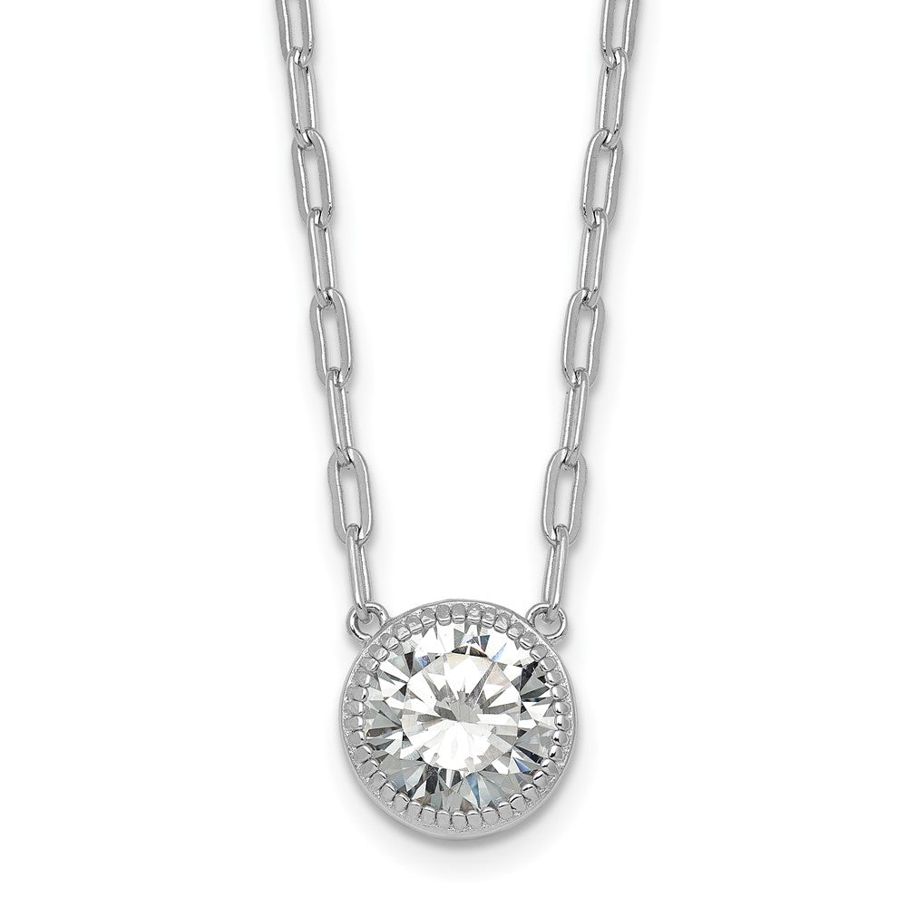 Sterling Silver Rhodium-plated Polished Round CZ with Paperclip Chain 16 inch with 2 inch Extension Necklace