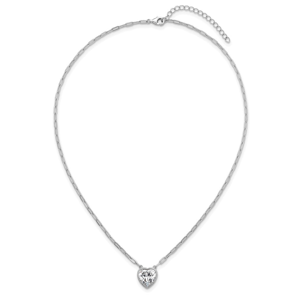 Sterling Silver Rhodium-plated Polished Heart CZ with Paperclip Chain 16 inch with 1.75 inch Extension Necklace