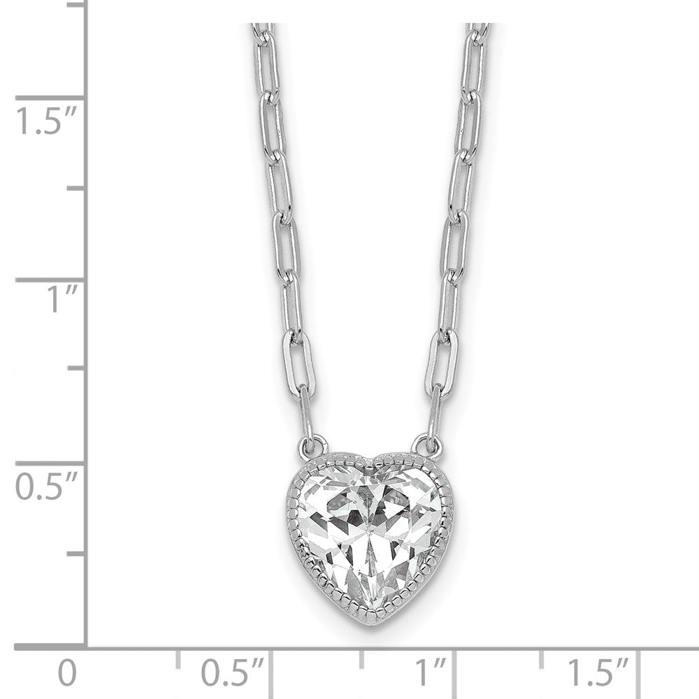Sterling Silver Rhodium-plated Polished Heart CZ with Paperclip Chain 16 inch with 1.75 inch Extension Necklace