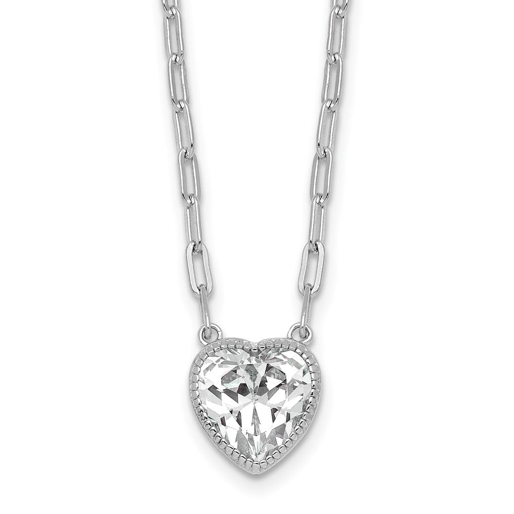 Sterling Silver Rhodium-plated Polished Heart CZ with Paperclip Chain 16 inch with 1.75 inch Extension Necklace
