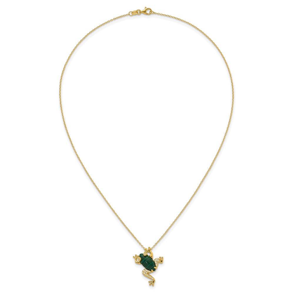 Sterling Silver Gold-tone CZ and Lab Created Malachite Frog 18 inch Necklace