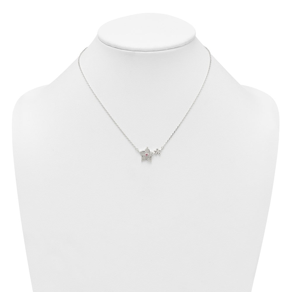 Sterling Silver Polished Pink and White CZ Flowers 16 inch with 2 inch Extension Necklace