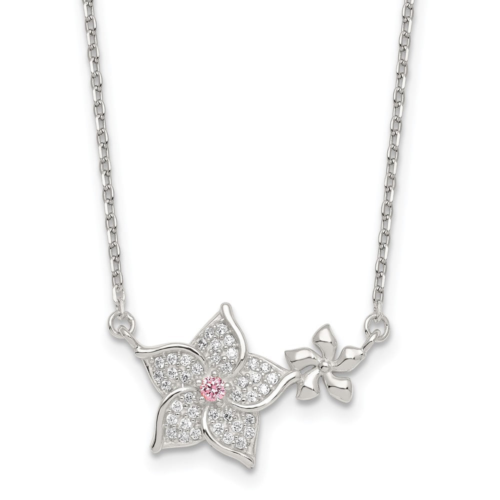Sterling Silver Polished Pink and White CZ Flowers 16 inch with 2 inch Extension Necklace