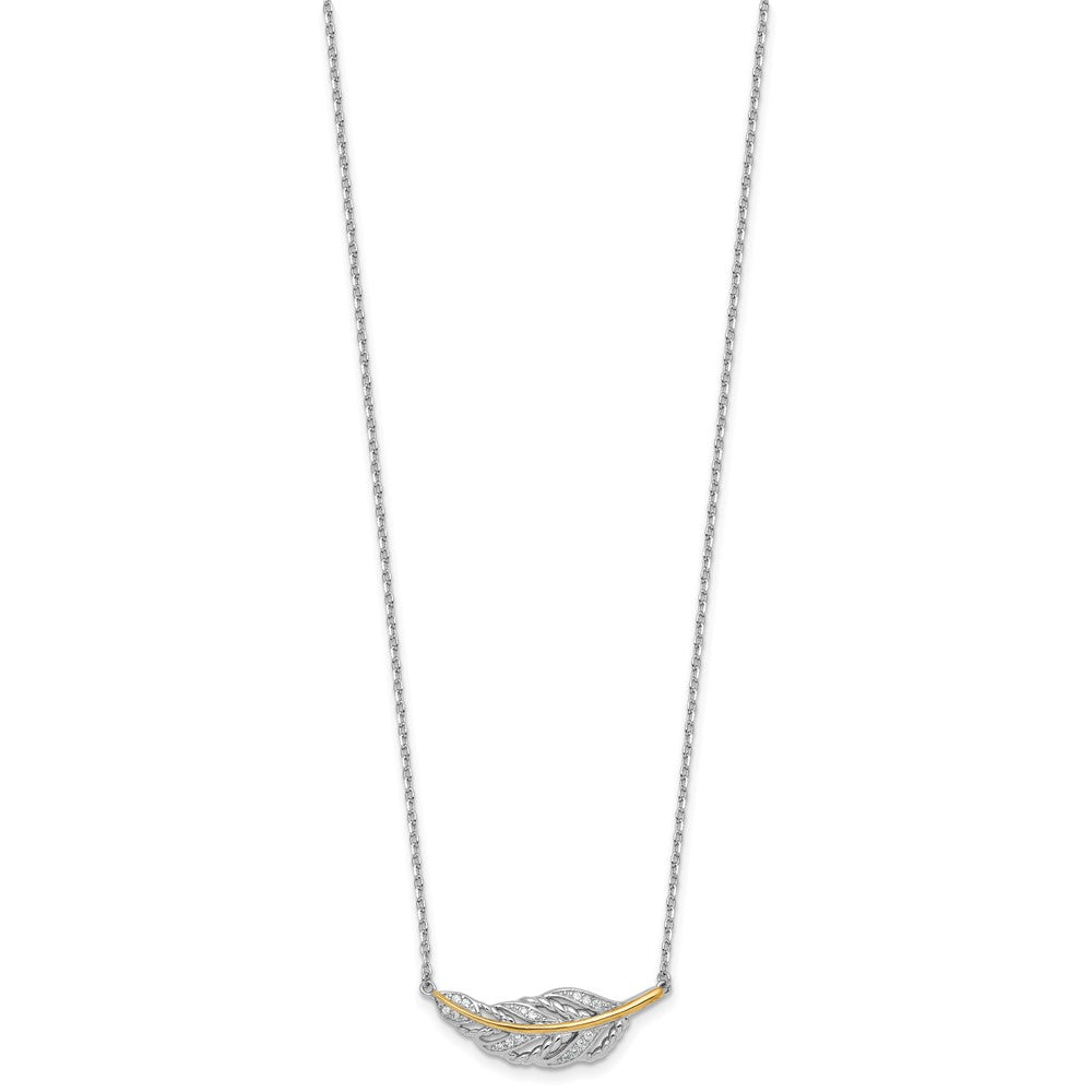 Sterling Silver Rhodium-plated with 14k Accent Polished CZ Feather 16 inch with 2 inch Extension Necklace