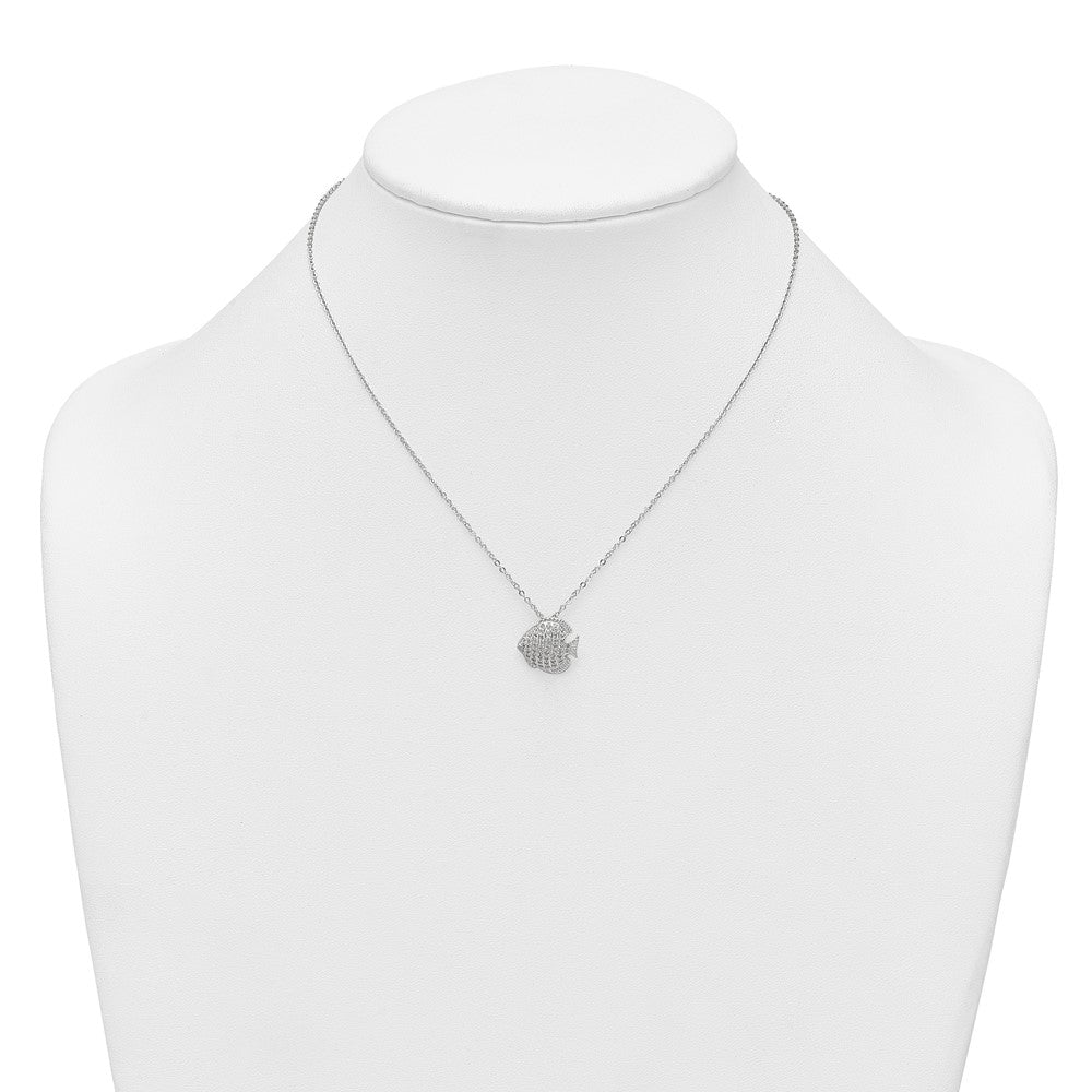 Sterling Silver Polished and Grooved CZ Fish 16 Inch with 2 Inch Extension Necklace