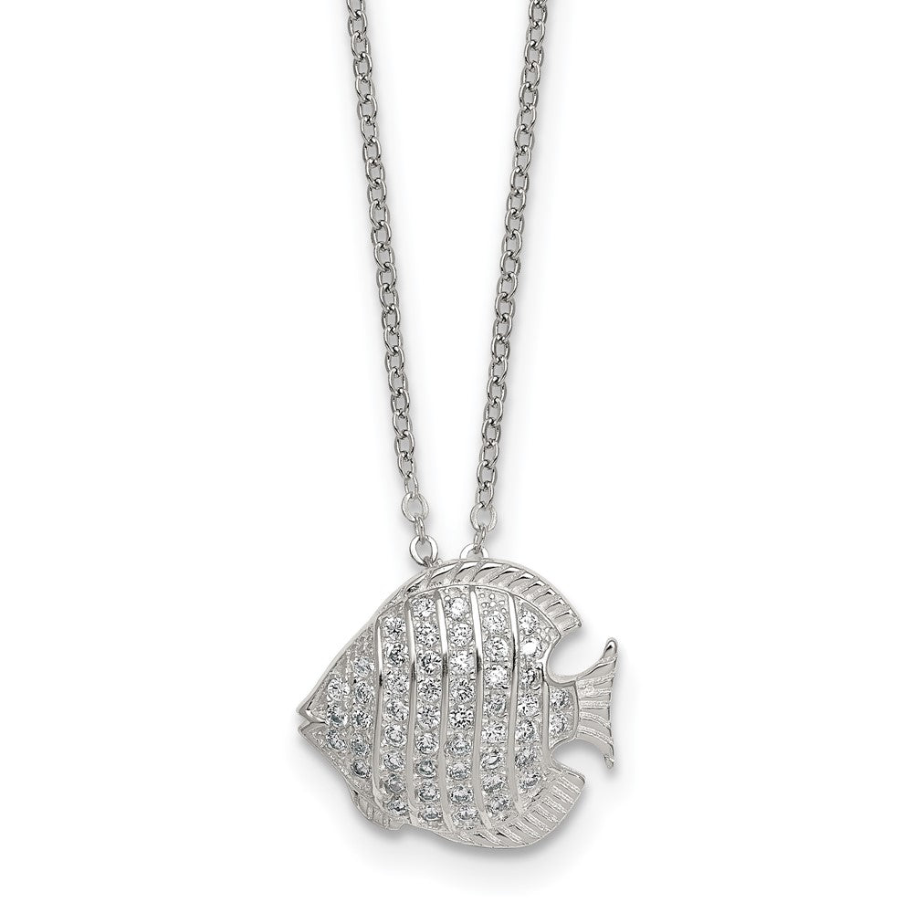 Sterling Silver Polished and Grooved CZ Fish 16 Inch with 2 Inch Extension Necklace