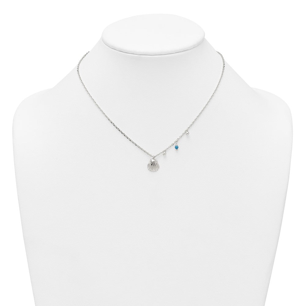 Sterling Silver Polished Beaded Turquoise and Grooved Seashell 16 inch with 2 inch Extension Necklace