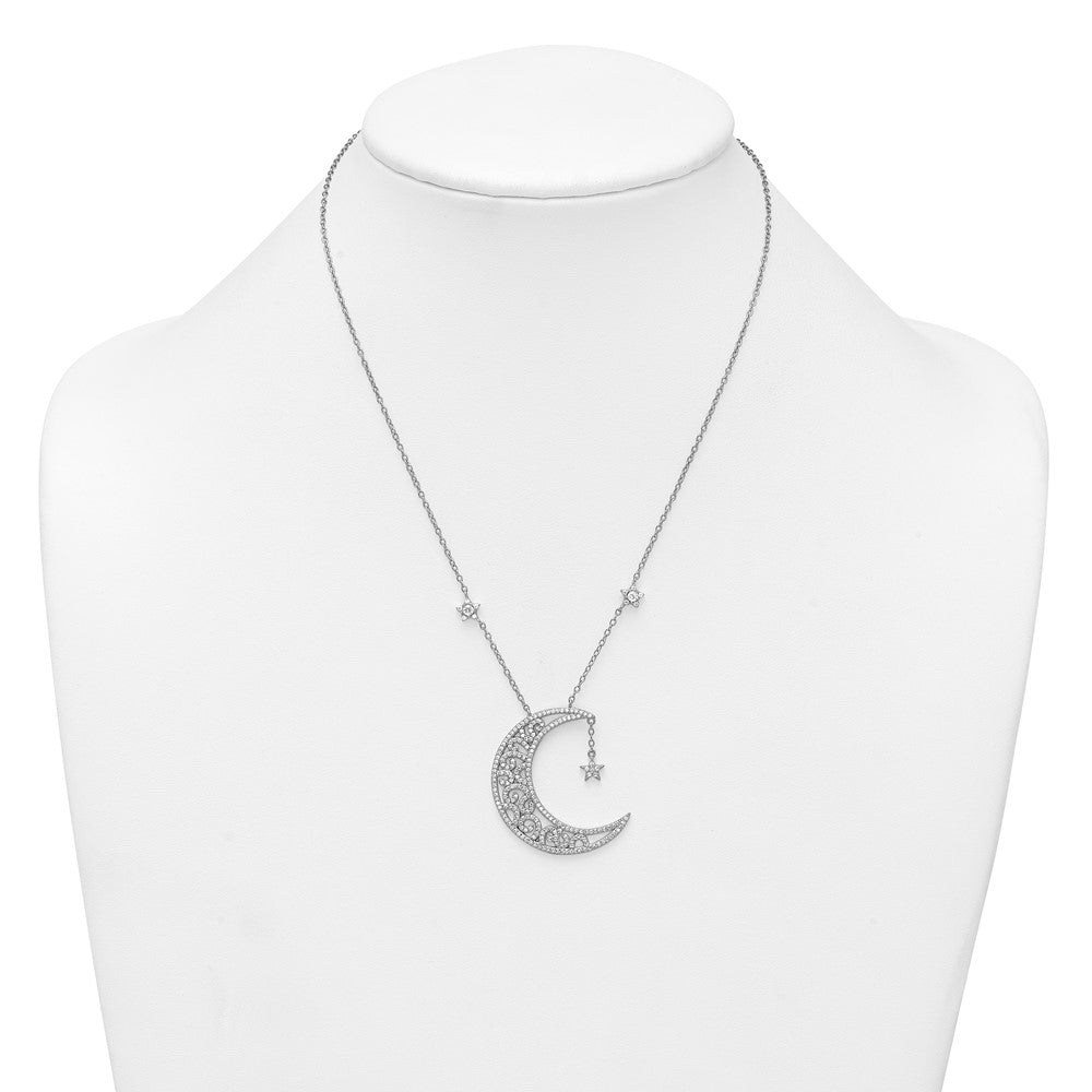 Sterling Silver Rhodium-plated Polished CZ Filigree Moon and Stars 18 Inch Necklace