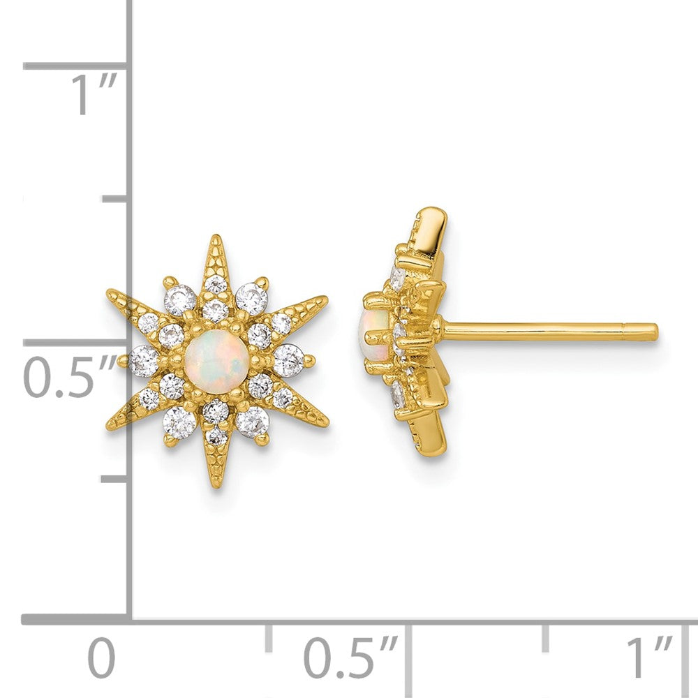 Sterling Silver Gold-Tone Polished Lab Created Opal and CZ Starburst Post Earrings