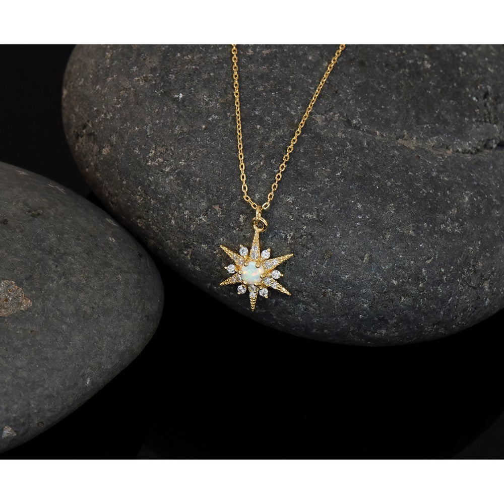 Sterling Silver Gold-Tone Polished Lab Created Opal and CZ Starburst 16 Inch with 2 Inch Extension Necklace