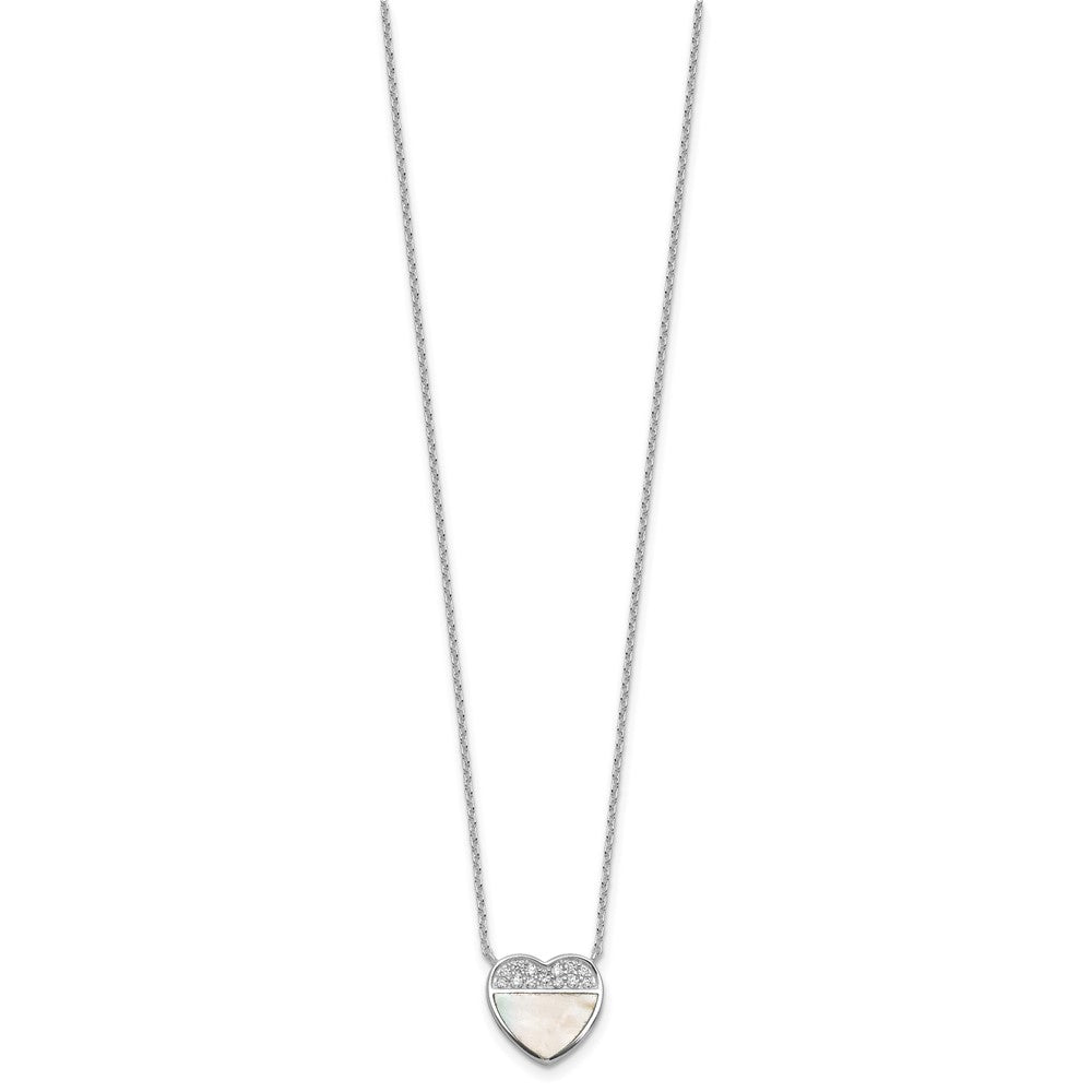 Sterling Silver Rhodium-plated Polished Mother of Pearl and CZ Heart 16 inch with 2 inch Extender Necklace