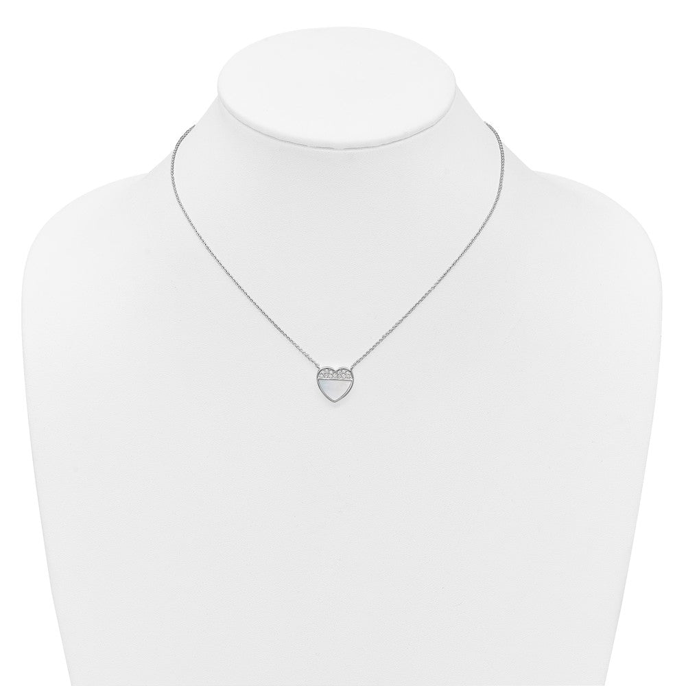Sterling Silver Rhodium-plated Polished Mother of Pearl and CZ Heart 16 inch with 2 inch Extender Necklace