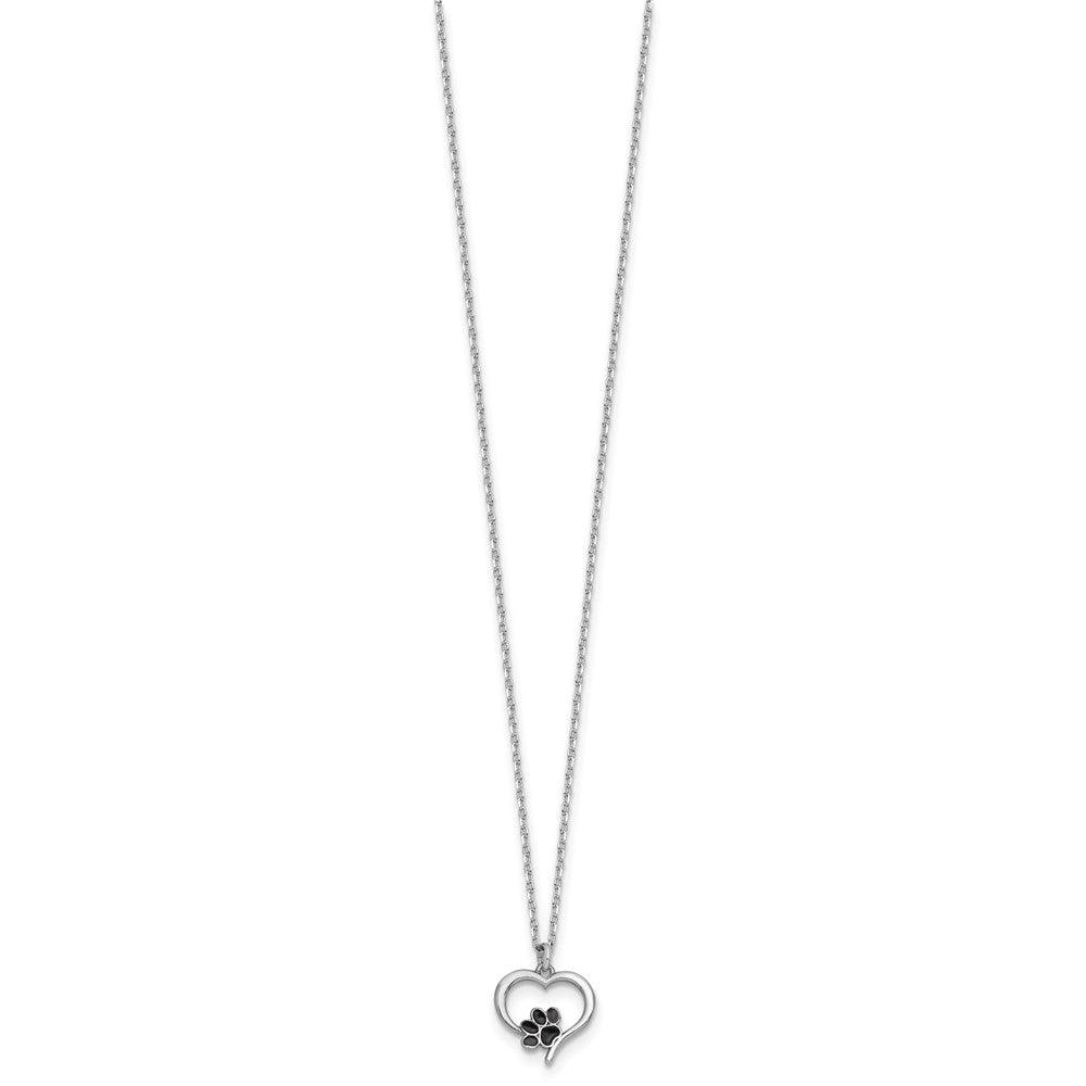 Sterling Silver Rhodium-plated Heart with Black Enameled Paw Print 16 inch with 1.5 inch Extension Necklace