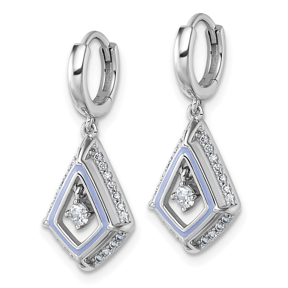 Sterling Silver Rhodium-plated Vibrant Moving CZ with Light Purple Enamel Kite-shape Dangle Hinged Hoop Earrings