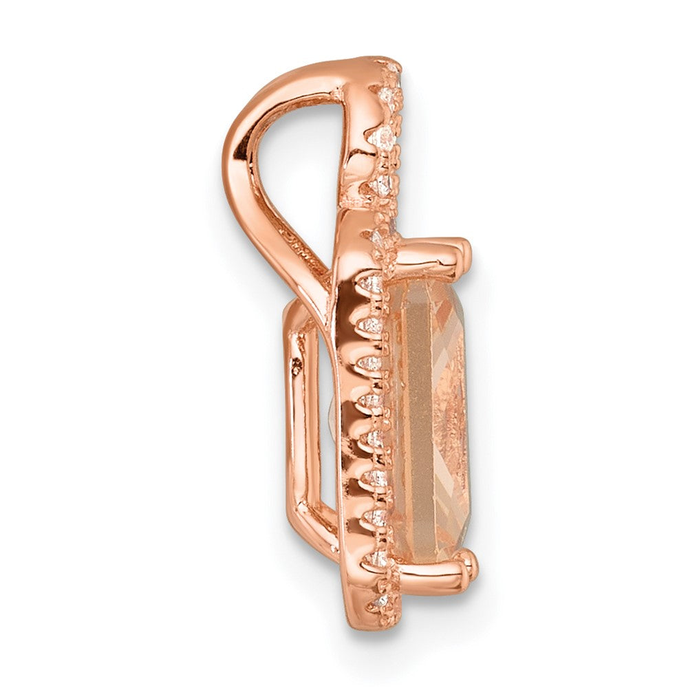 Sterling Silver Rose-tone Polished Pink Glass Stone and CZ Halo Chain Slide Pendant