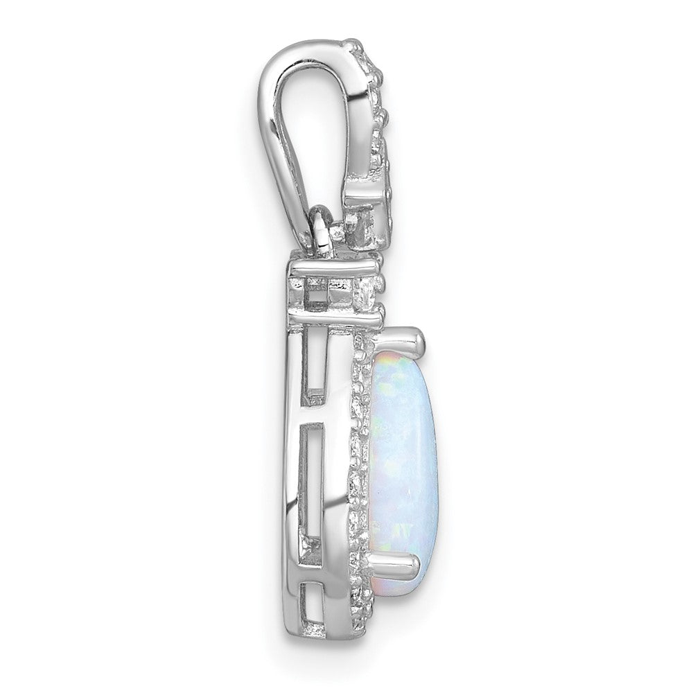 Sterling Silver Rhodium-plated Polished Lab Created Opal and CZ Teardrop Halo Chain Slide Pendant