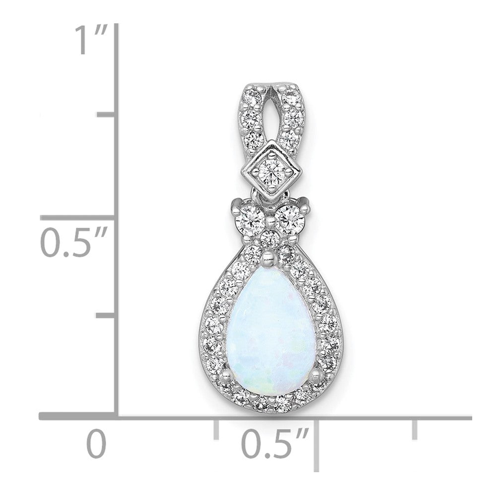 Sterling Silver Rhodium-plated Polished Lab Created Opal and CZ Teardrop Halo Chain Slide Pendant