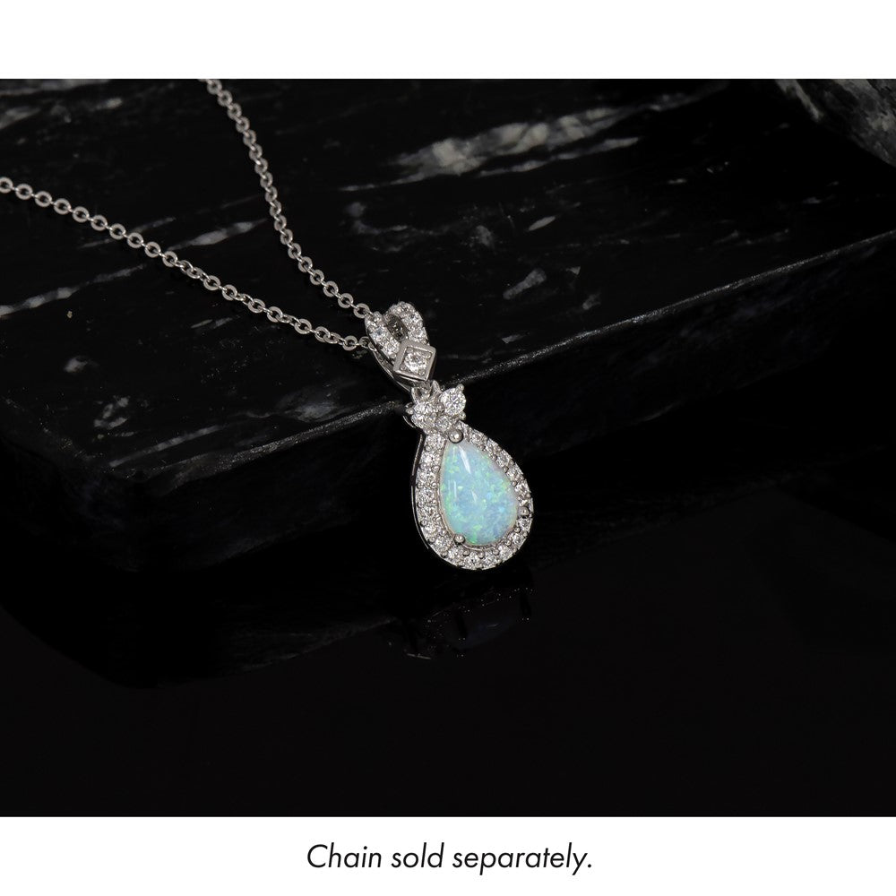 Sterling Silver Rhodium-plated Polished Lab Created Opal and CZ Teardrop Halo Chain Slide Pendant