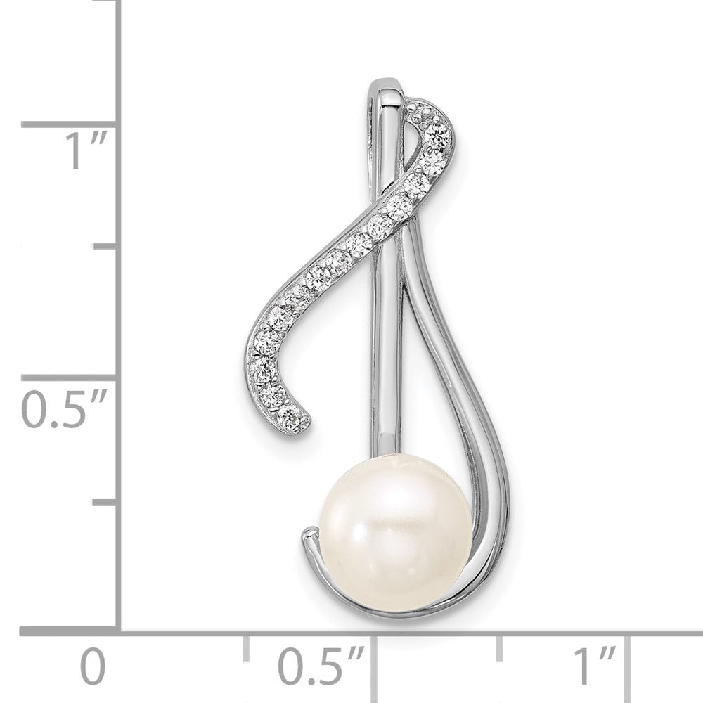 Sterling Silver Rhodium-plated Polished CZ and 6-7mm Freshwater Cultured Pearl Swirl Chain Slide Pendant