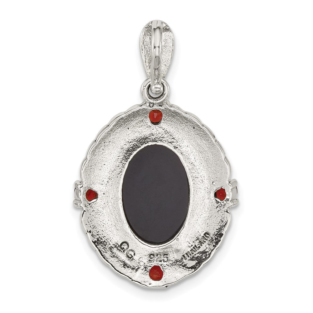 Sterling Silver Antiqued Marcasite and Garnet with Black Agate and Mother of Pearl Cameo Pendant