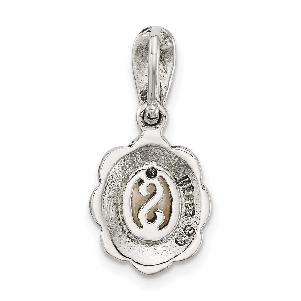 Sterling Silver Antiqued Marcasite and Mother of Pearl Oval Fancy Pendant