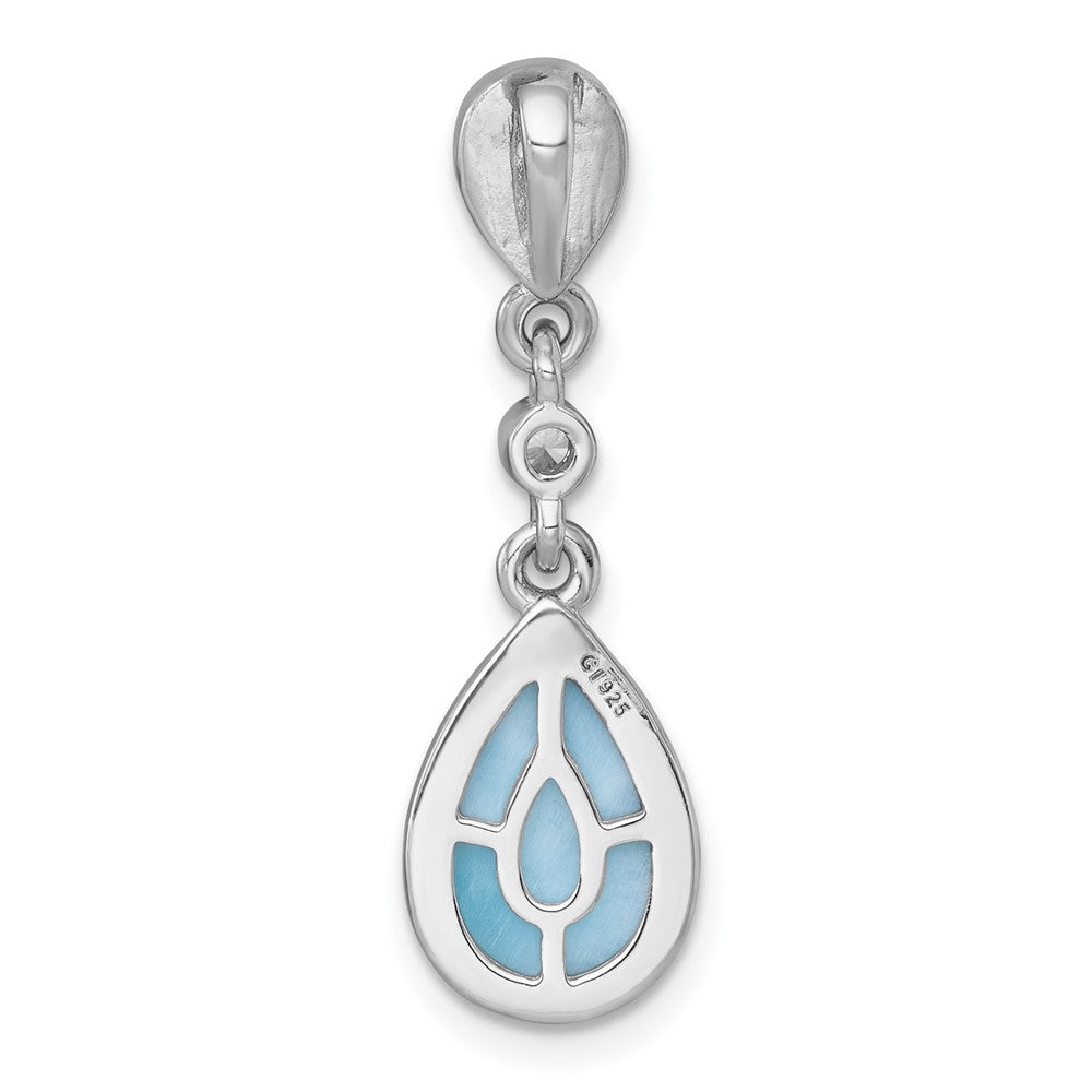 Sterling Silver Rhodium-plated Polished Pear Larimar Cabochon and CZ Teardrop Chain Slide Pendant